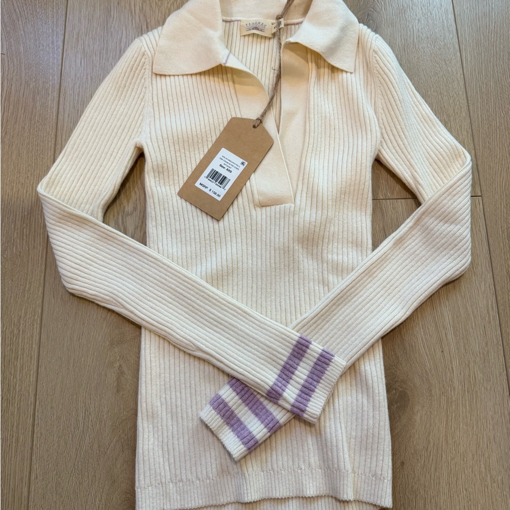 Faherty Women’s XXS Stretch Cotton Cashmere Rib Polo - Cream Retro Stripe (NWT)